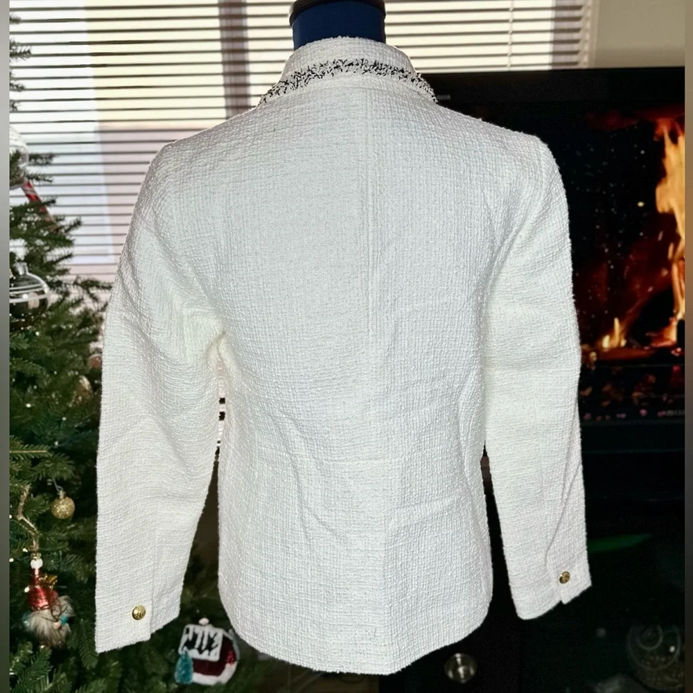 EUC Talbots Cream Tweed Blazer w/ Fringe Trim